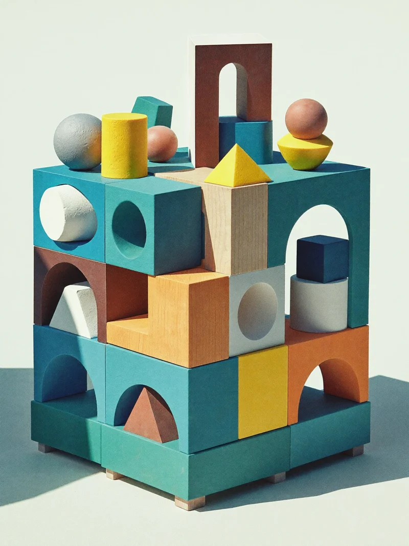 Illustration eines modularen Bausets aus geometrischen Elementen
