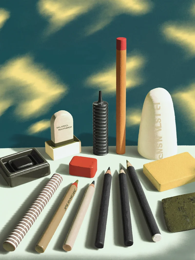 Illustration eines Skizzensets mit geordneten Zeichenwerkzeugen